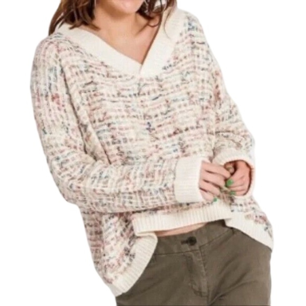 Favlux Chunky Knit Oversized Metallic Ribbon Pullover Sweater V Neck Slouchy
